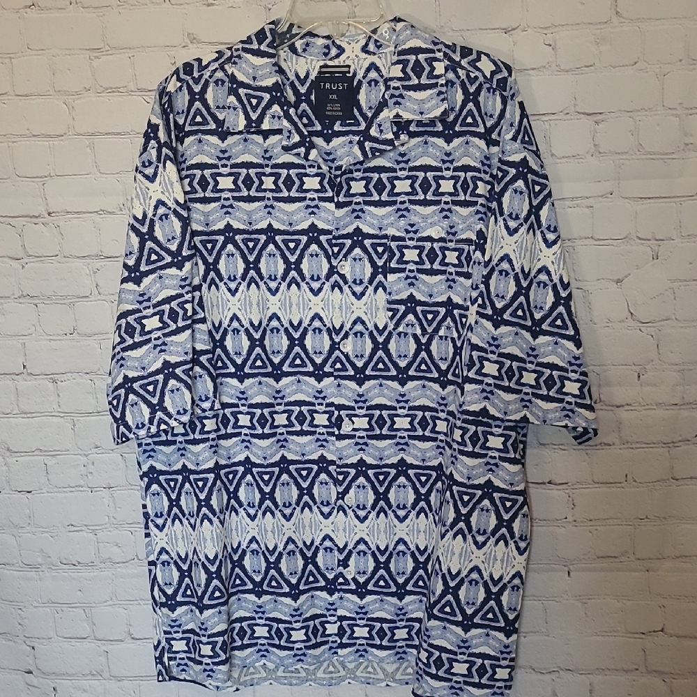TRUST Blue White Size XXL Unique Patterned Short Sleeve Mens Linen Blend Shirt